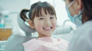 小児歯科で診察台で笑顔の女の子