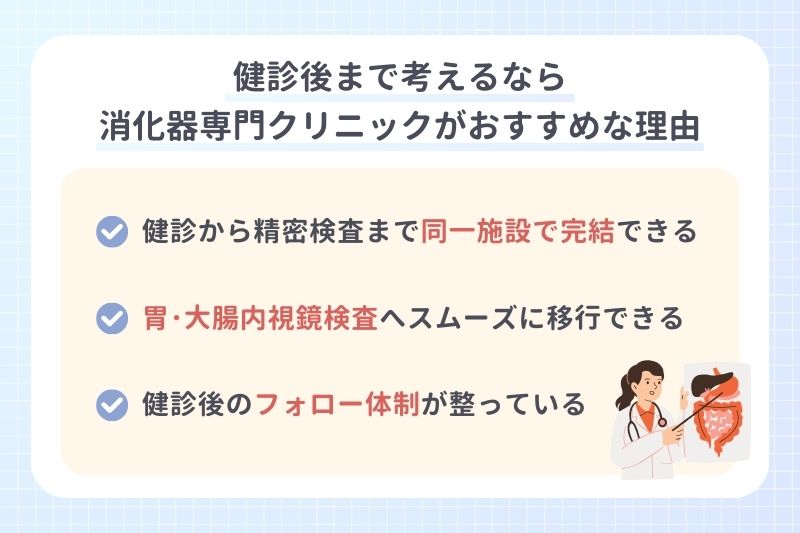 健診後まで考えるなら消化器専門クリニックがおすすめな理由