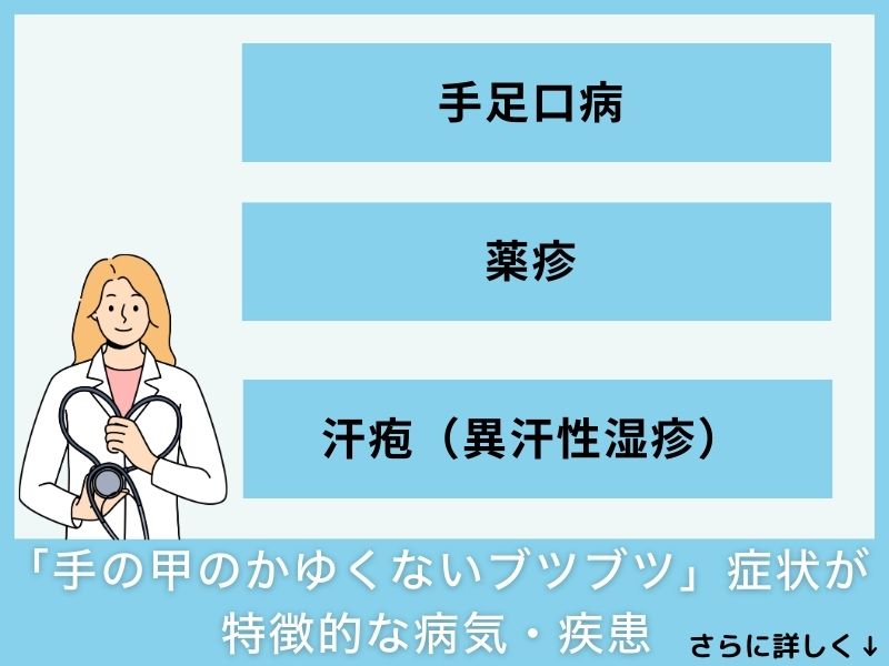 「手の甲のかゆくないブツブツ」症状が特徴的な病気・疾患