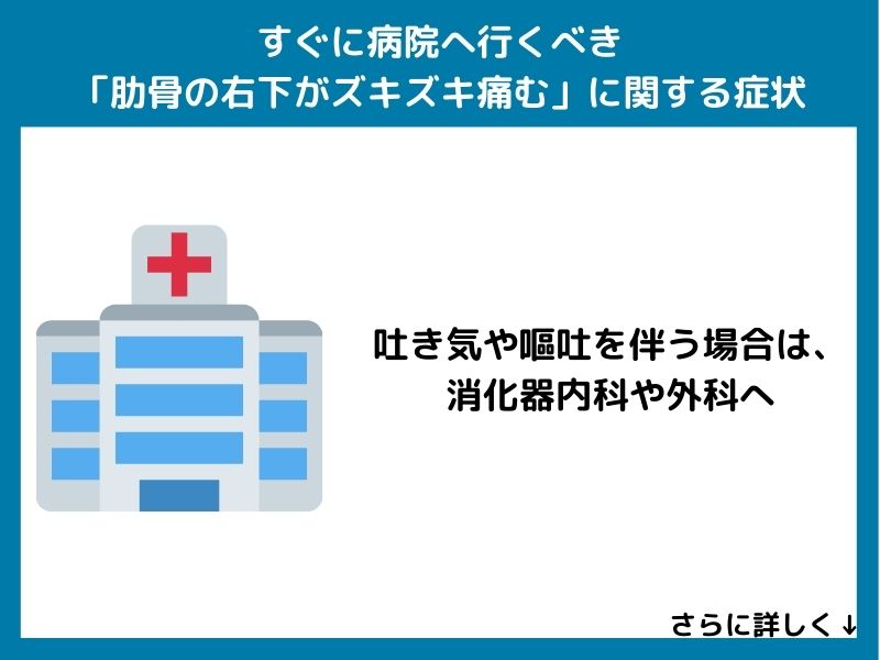 すぐに病院へ行くべき「肋骨の右下がズキズキ痛む」に関する症状