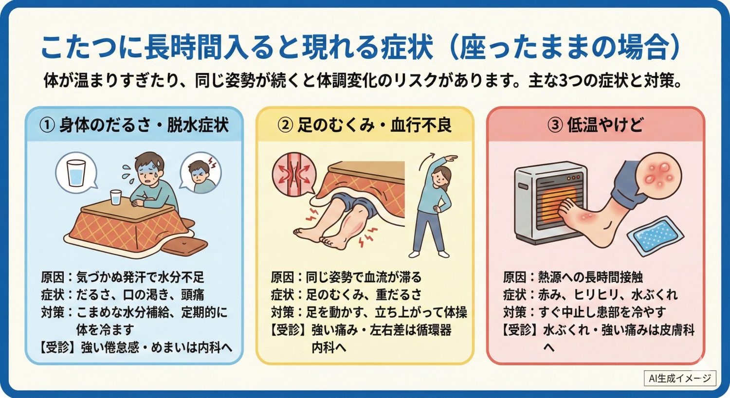 こたつに長時間入ると現れる症状