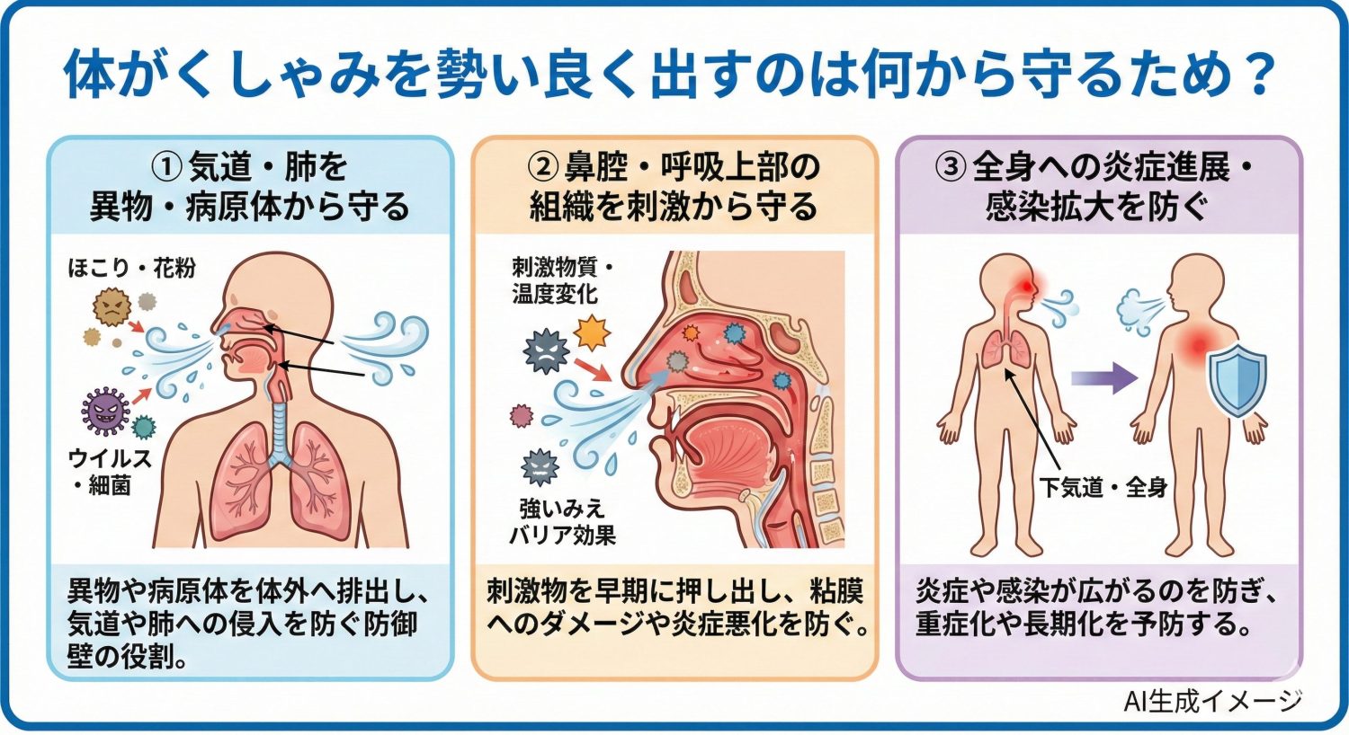 体がくしゃみを勢い良く出すのは何から守るため？