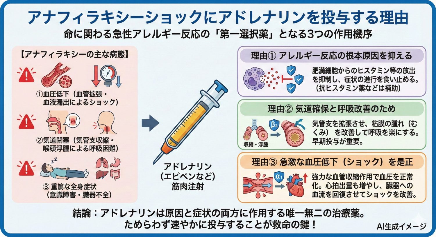 アナフィラキシーショックを発症するとアドレナリンを投与する理由