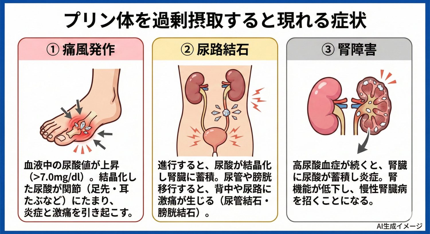 プリン体を過剰摂取すると現れる症状
