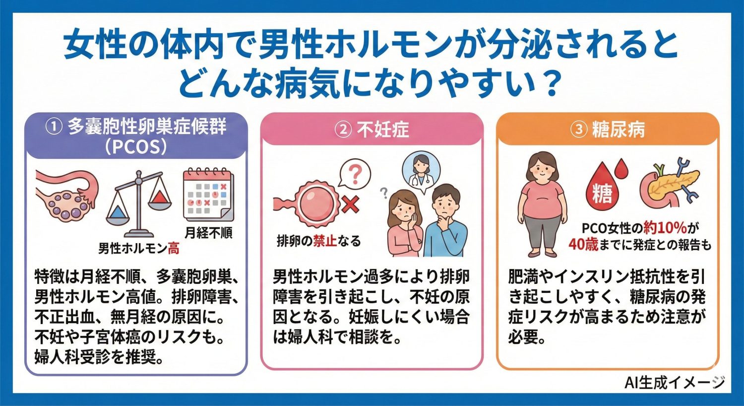 女性の体内で男性ホルモンが分泌されるとどんな病気になりやすい？
