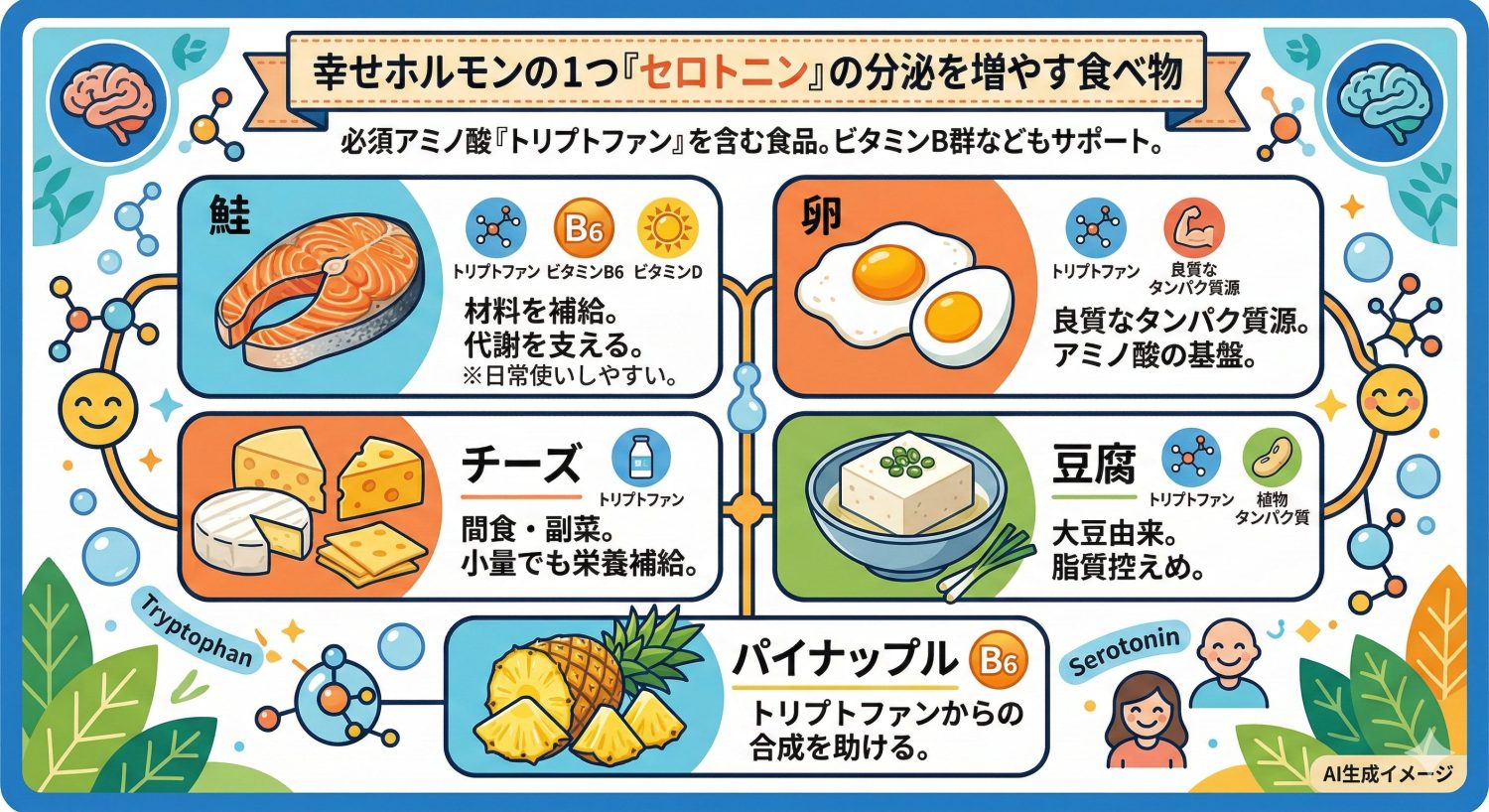 幸せホルモンの1つ「セロトニン」の分泌を増やす食べ物