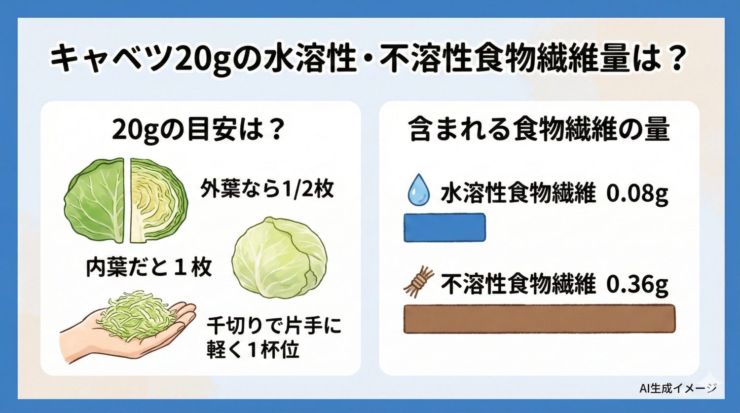 キャベツ20gの水溶性・不溶性食物繊維量は？