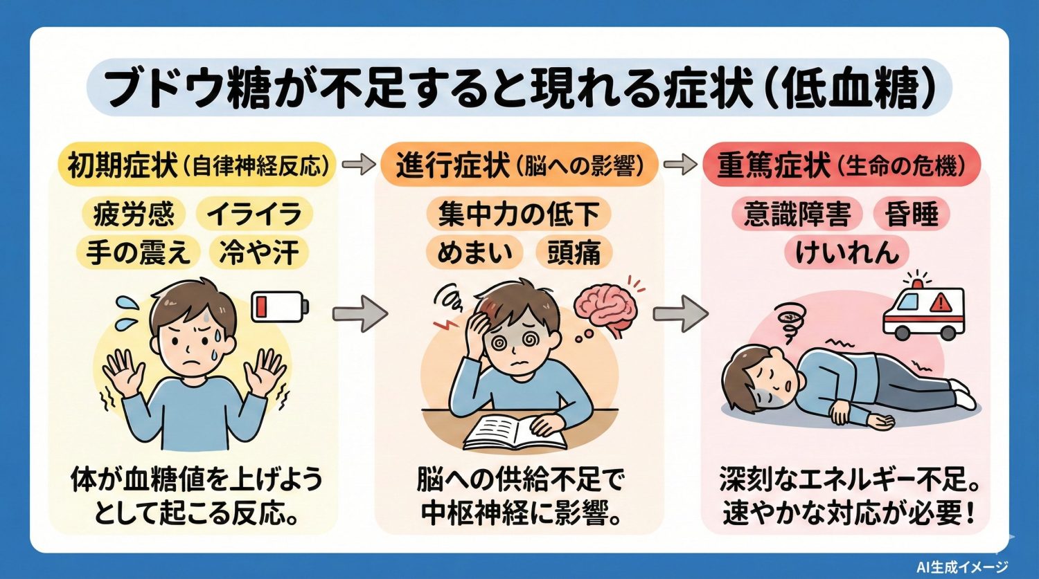 ブドウ糖が不足すると現れる症状