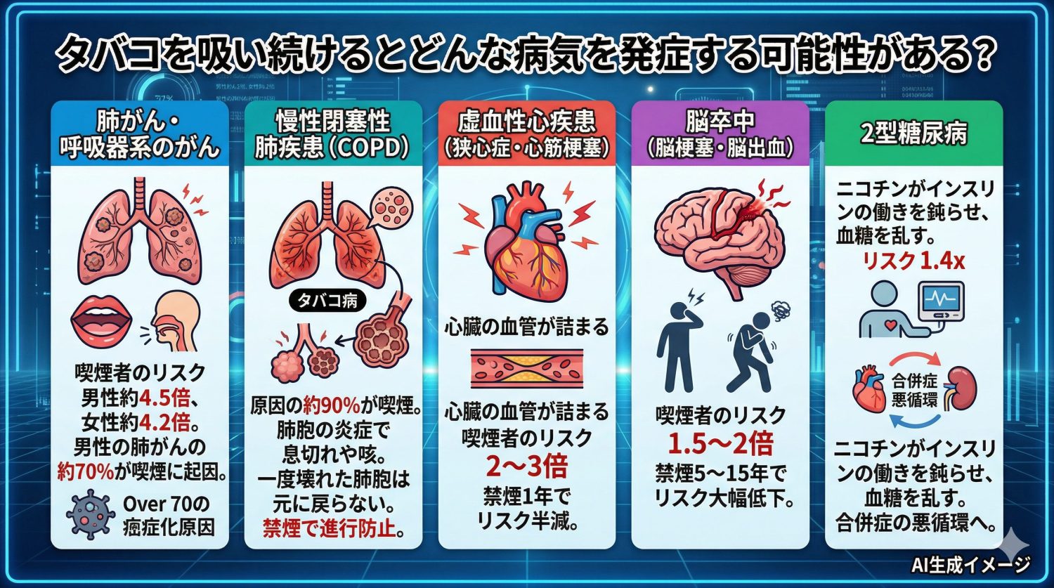 タバコを吸い続けるとどんな病気を発症する可能性がある？