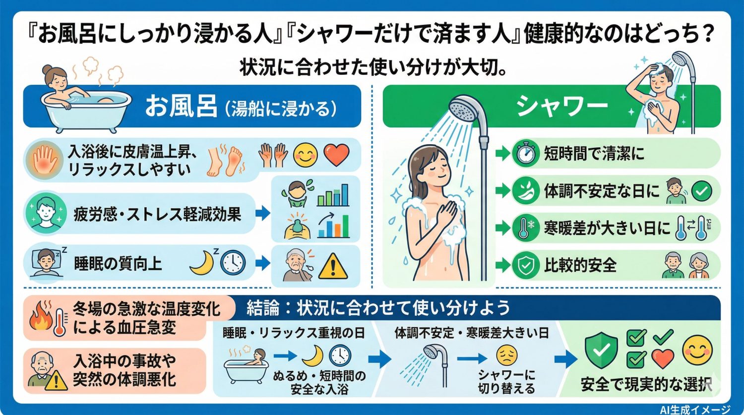 「お風呂にしっかり浸かる人」「シャワーだけで済ます人」どちらが健康的？