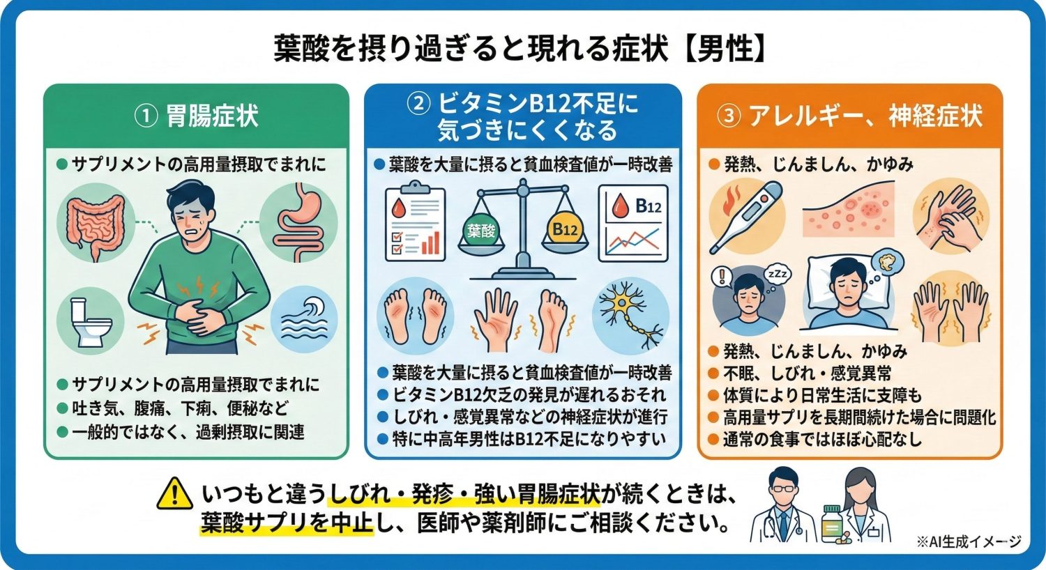 葉酸を摂り過ぎると現れる症状【男性】