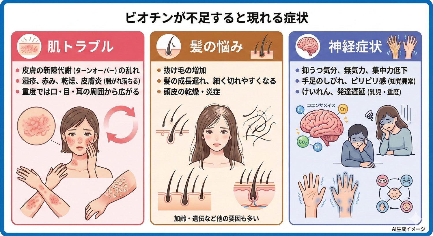ビオチンが不足すると現れる症状