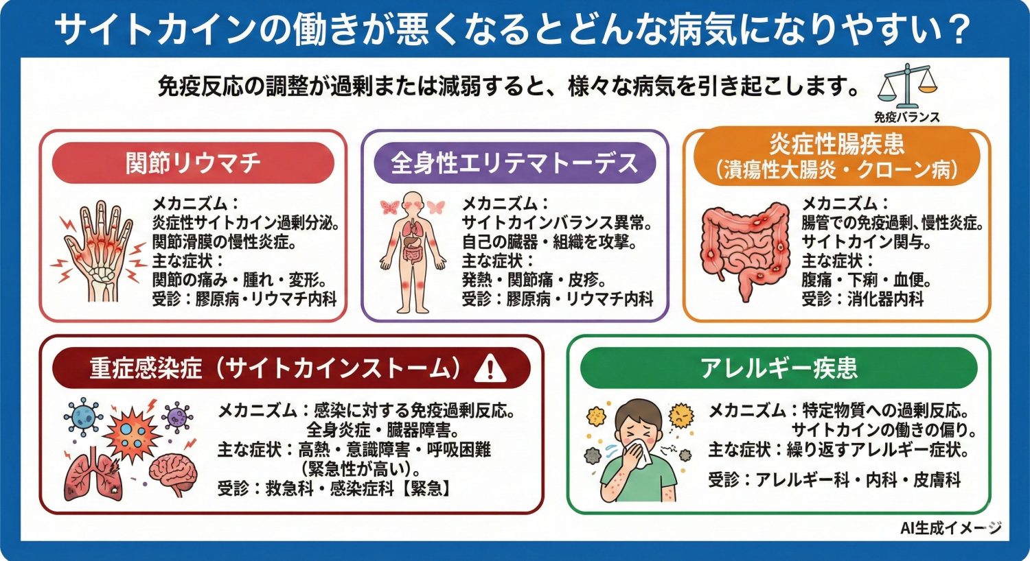 サイトカインの働きが悪くなるとどんな病気になりやすい?