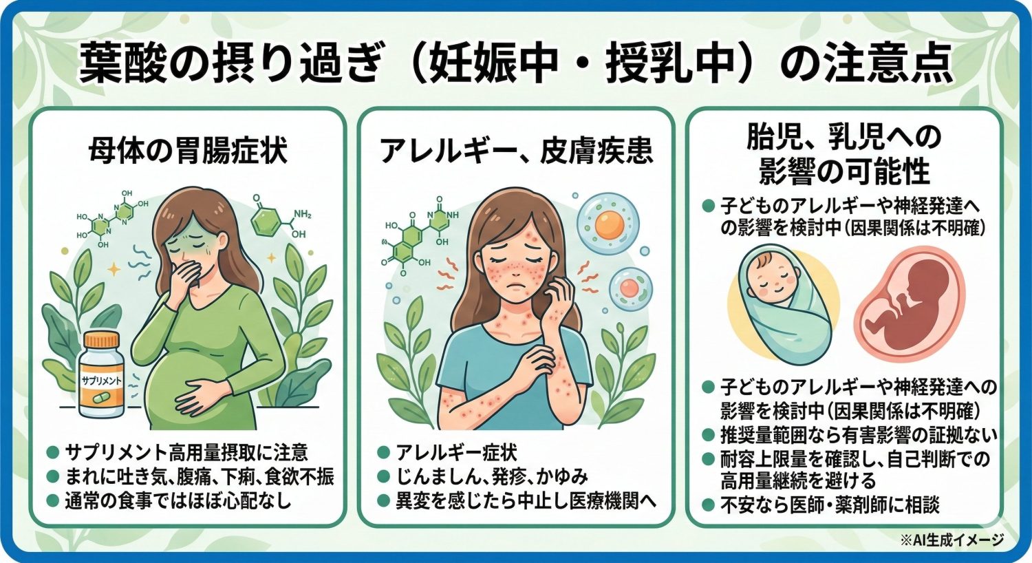 葉酸を摂り過ぎると現れる症状【妊娠中・授乳中の女性】