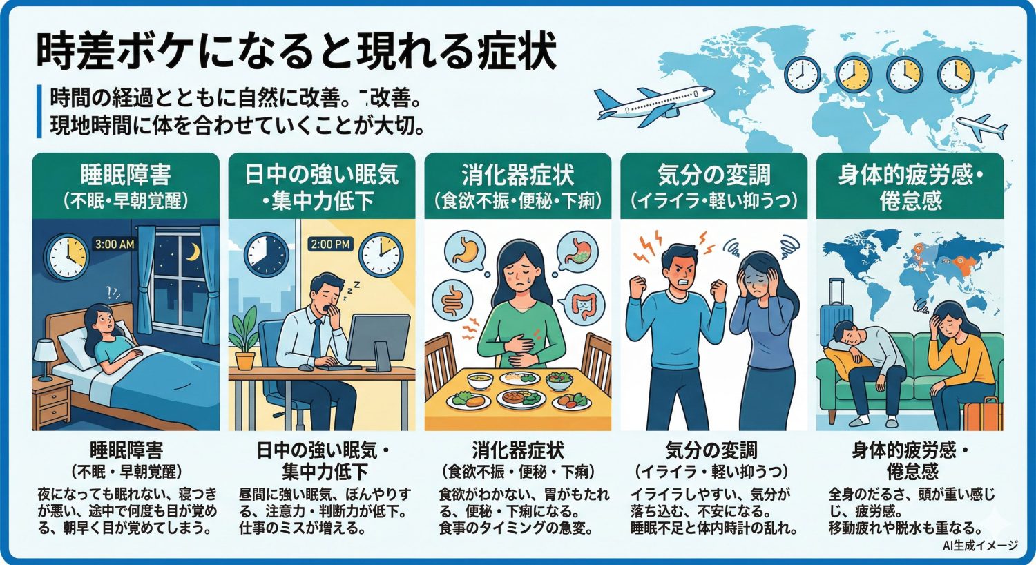 時差ボケになると現れる症状
