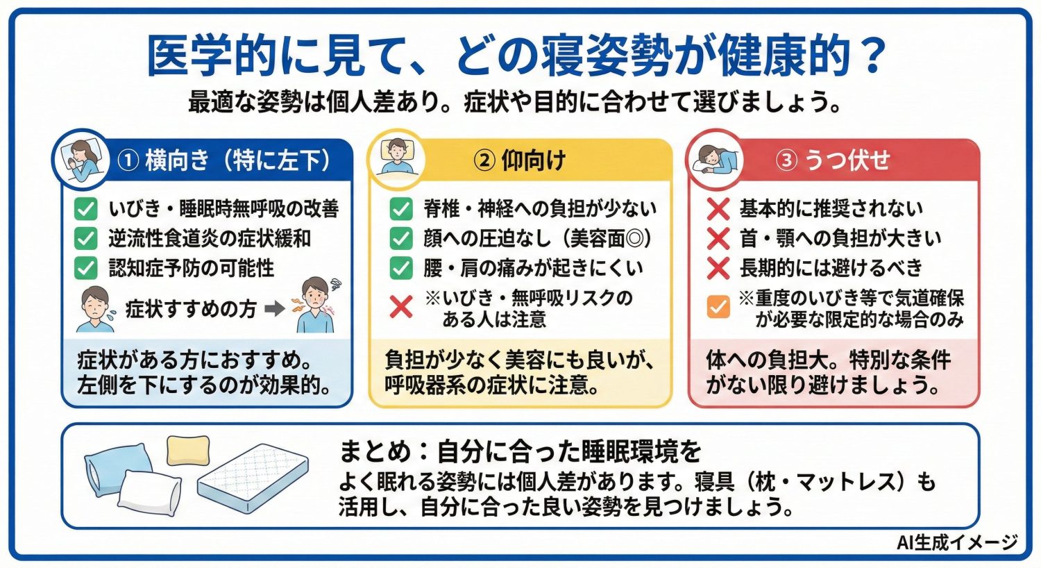 医学的に「仰向け」「うつ伏せ」「横向き」どの姿勢で寝ると健康的?