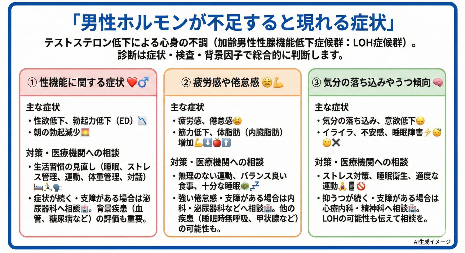 男性ホルモンが不足すると現れる症状