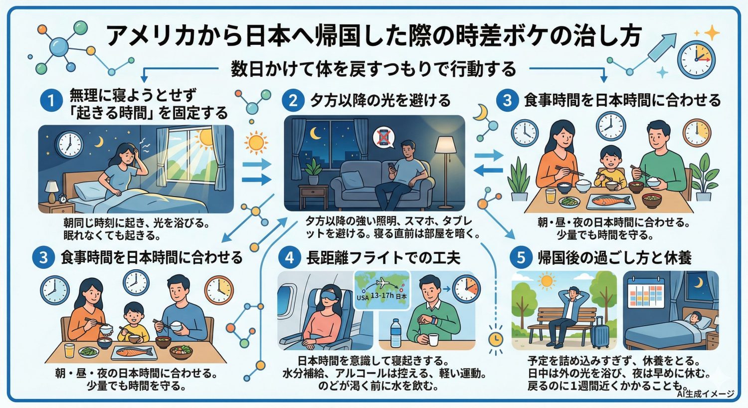 アメリカから日本へ帰国した際の時差ボケの治し方