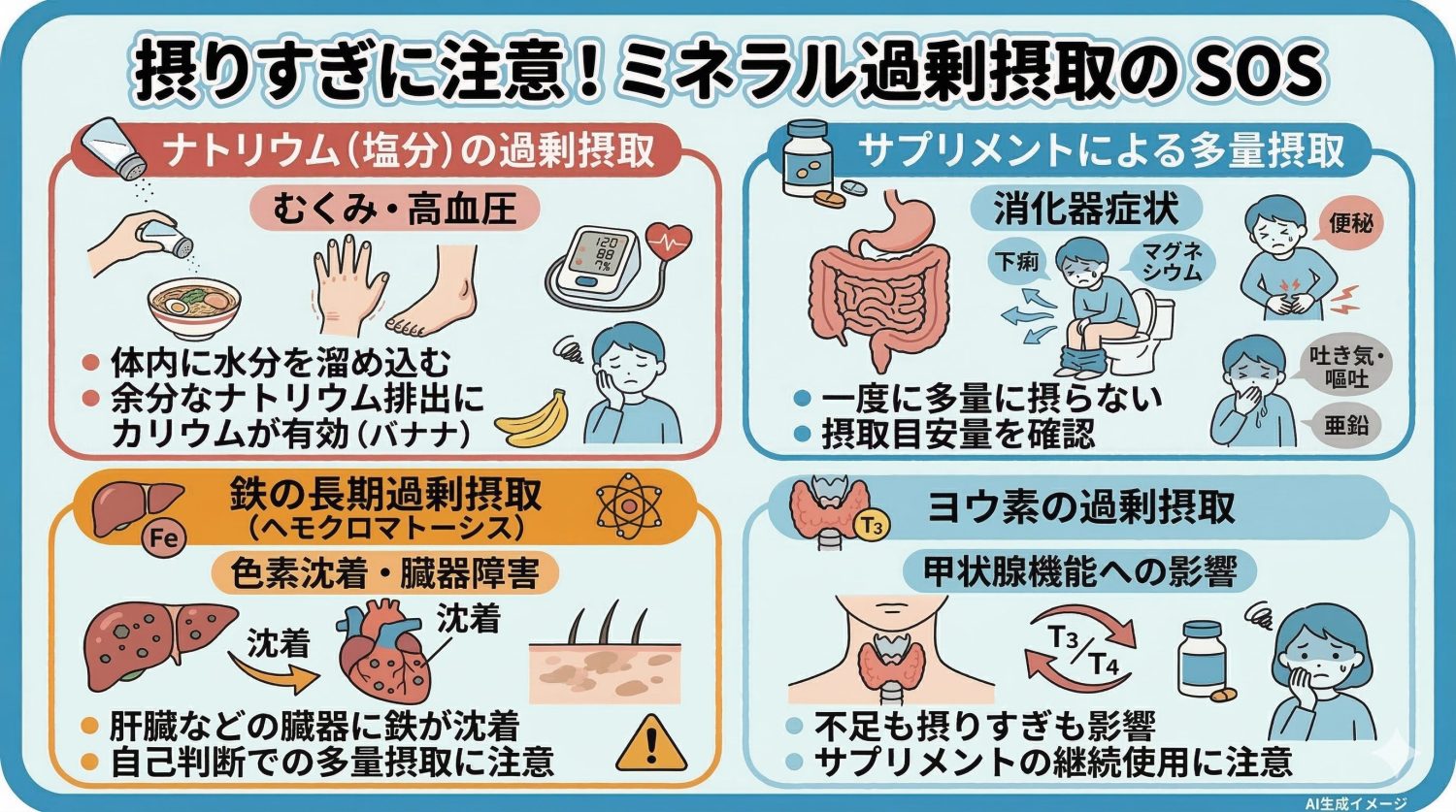 ミネラルを過剰摂取すると現れる症状