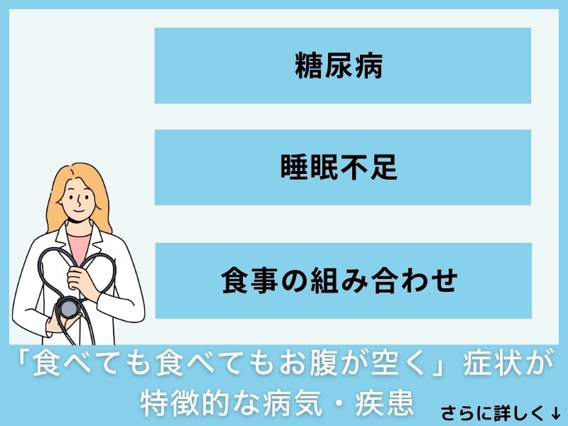 「食べても食べてもお腹が空く」症状が特徴的な病気・疾患