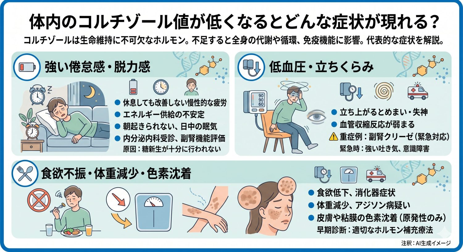 体内のコルチゾール値が低くなるとどんな症状が現れる？