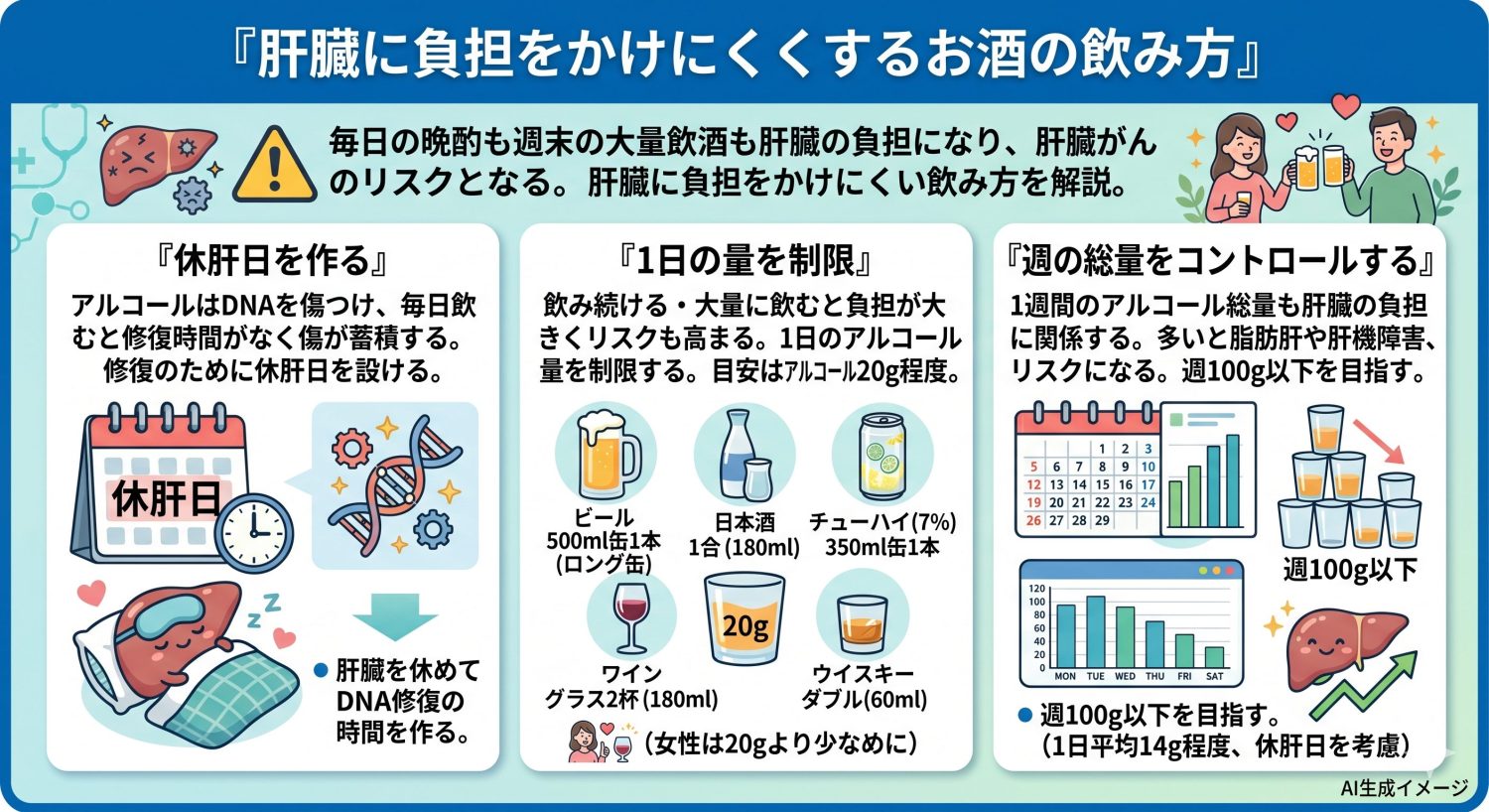肝臓に負担をかけにくくするお酒の飲み方