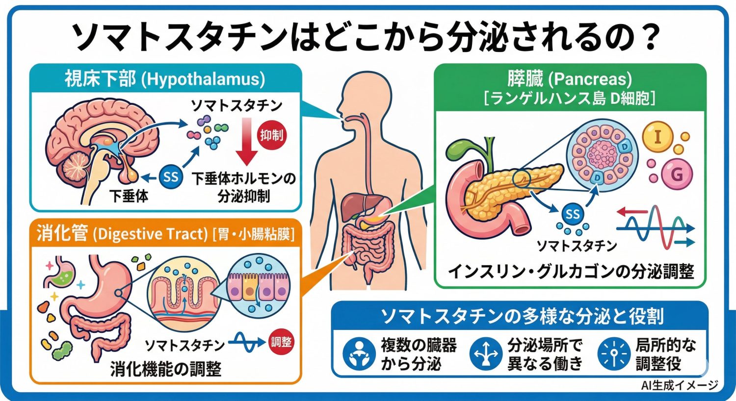 ソマトスタチンはどこから分泌されるの？