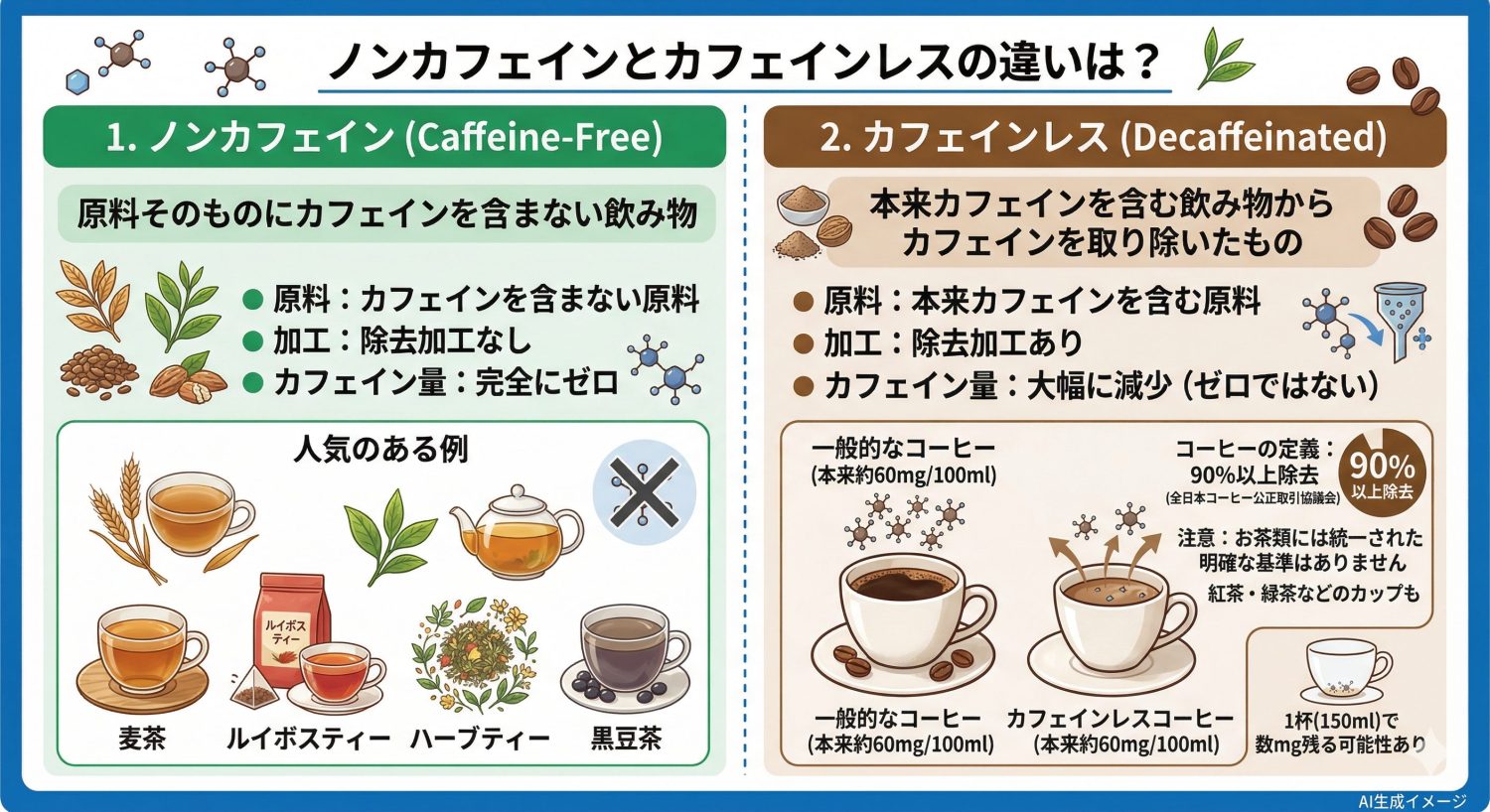 ノンカフェインとカフェインレスの違い