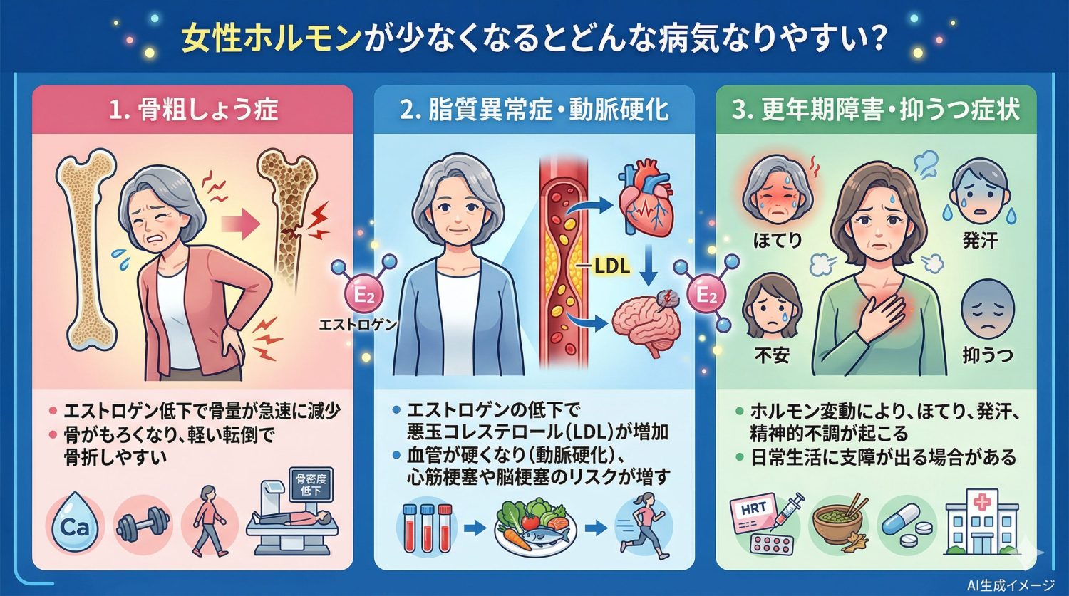 女性ホルモンが少なくなるとどんな病気になりやすい？