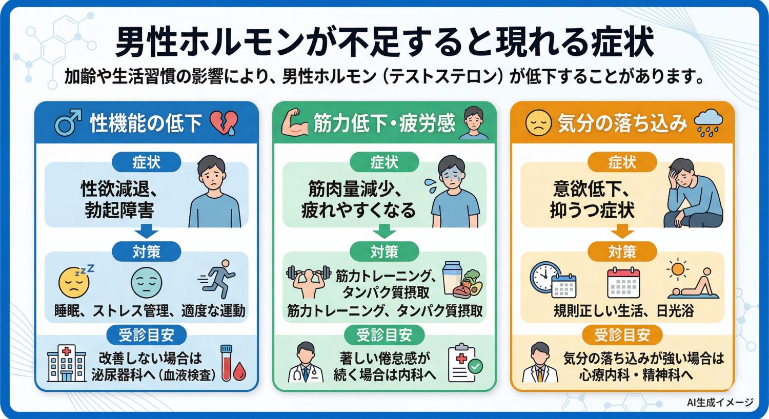 男性ホルモンが不足すると現れる症状