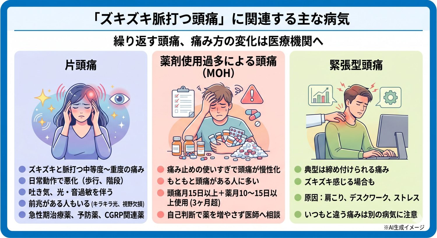 「ズキズキ脈打つ頭痛」で考えられる病気