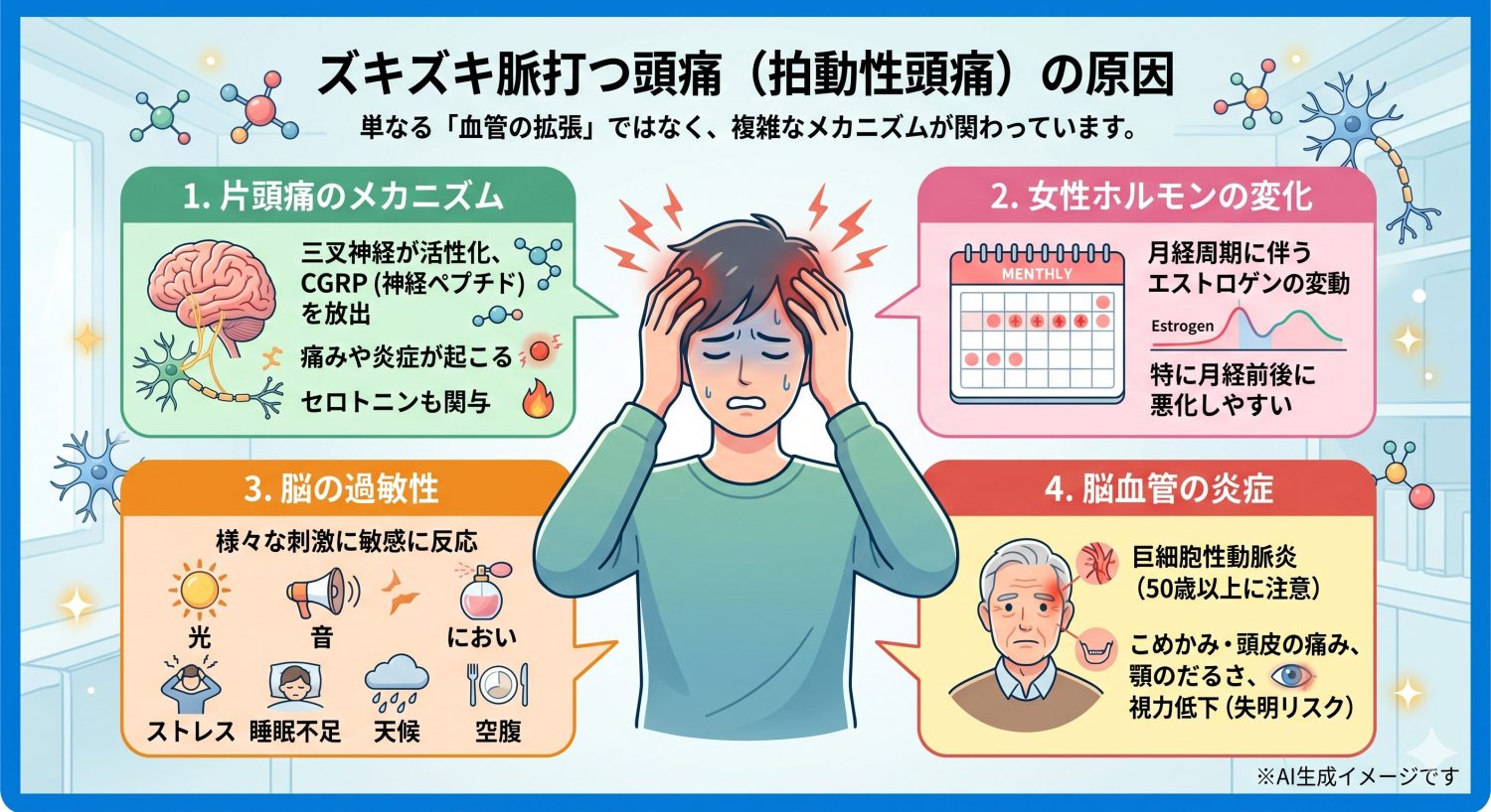 「ズキズキ脈打つ頭痛」がする原因