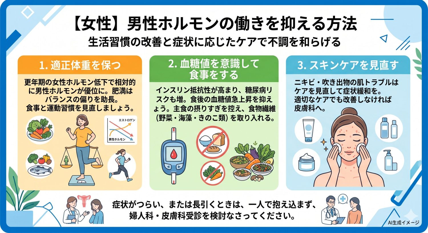 【女性】男性ホルモンの働きを抑える方法