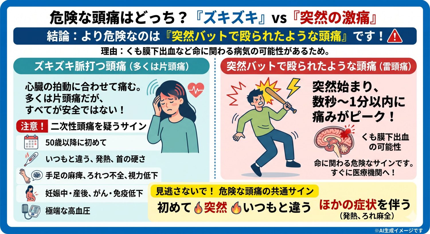 危険なのは「ズキズキ脈打つ頭痛」「突然バットで殴られたような頭痛」どっち？