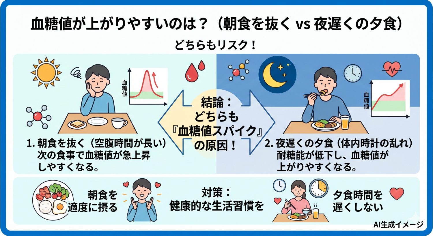血糖値が上がりやすいのは「朝食を抜く」「夜遅くの夕食」どっち？