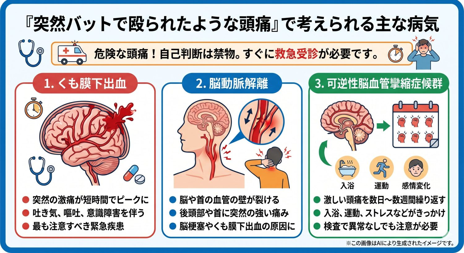 「突然バットで殴られたような頭痛」で考えられる病気